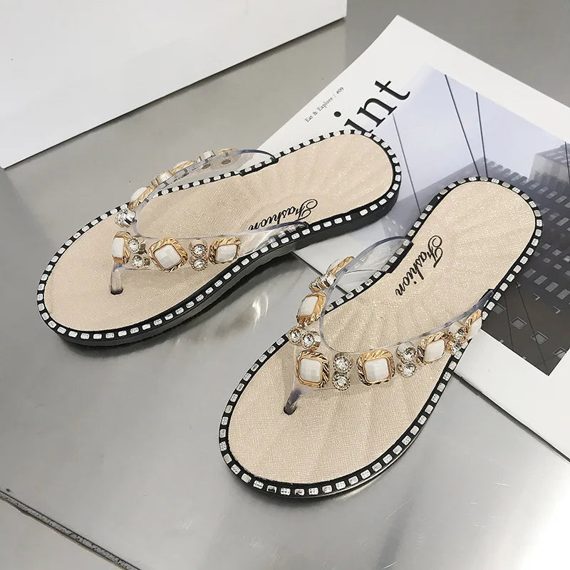 Shoes for Women Summer 2023 Thong Flat Flip Flops Rhinestone Fashion Comfort Opened Toe Luxury Sandalias Women Sandales Plates