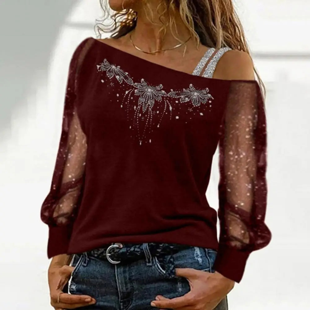 Women Top Stunning Sequin Rhinestone Blouse Sheer Mesh Patchwork Diagonal Collar Women's Top for Fall Spring Spring