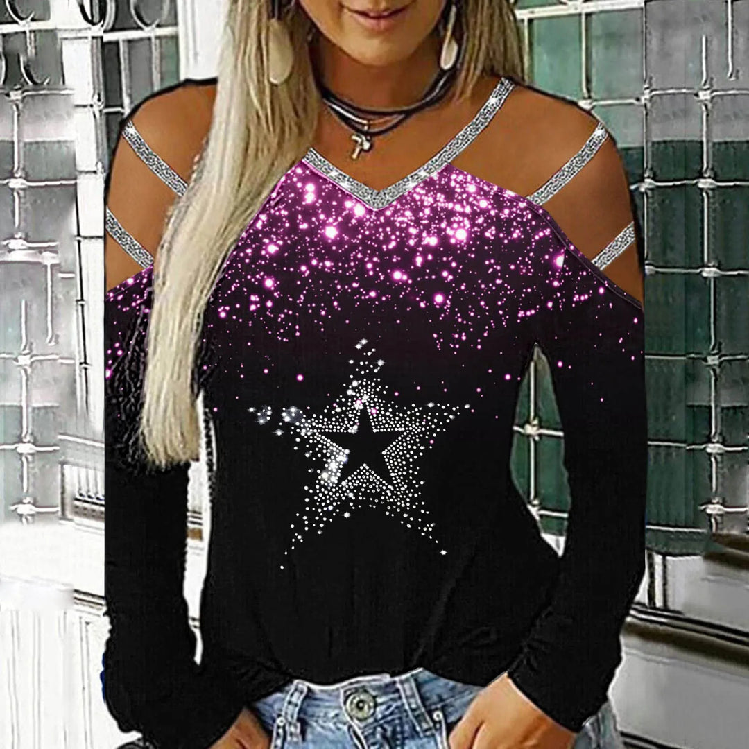 Fashion Bling Rhinestone Blouse Shirt Cold Shoulder Top Tee Casual Autumn Winter Ladies Female Women Long Sleeve Blusas Pullover