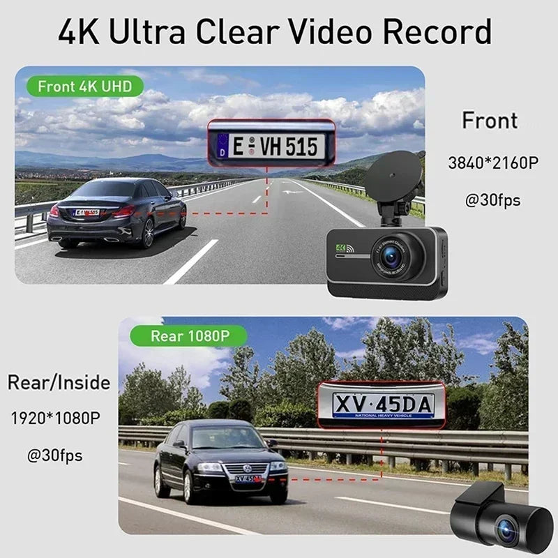 4K WiFi Dual Dash Cam Real 4K Optional rear/ cabin cam Installation 3"IPS NightVision 24H Parking Mode Dashboard Camera Recorder