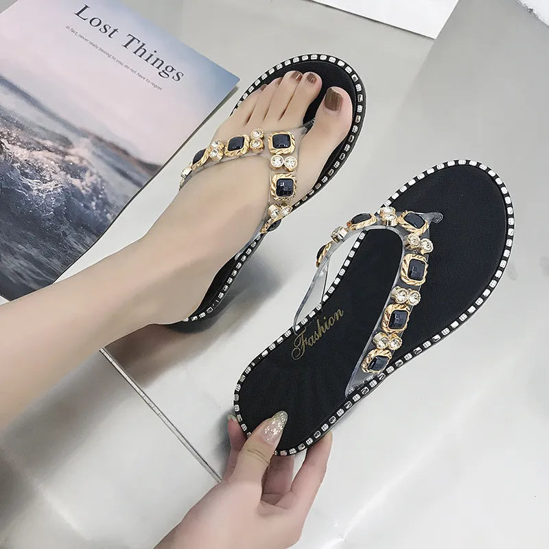 Shoes for Women Summer 2023 Thong Flat Flip Flops Rhinestone Fashion Comfort Opened Toe Luxury Sandalias Women Sandales Plates