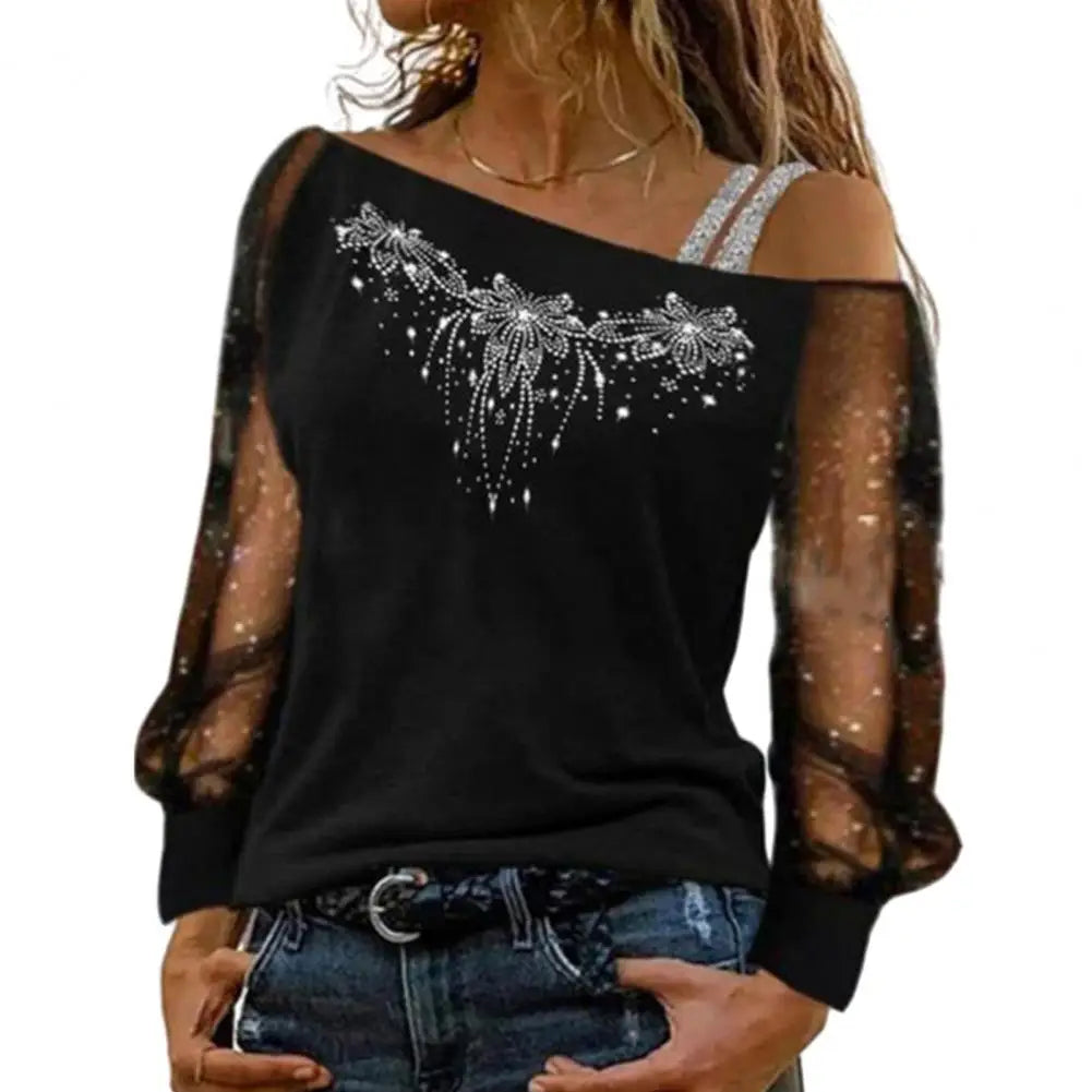 Fall Women Pullover Stunning Sequin Rhinestone Blouse Sheer Mesh Patchwork Diagonal Collar Plus Size Women's Top for Fall Spring