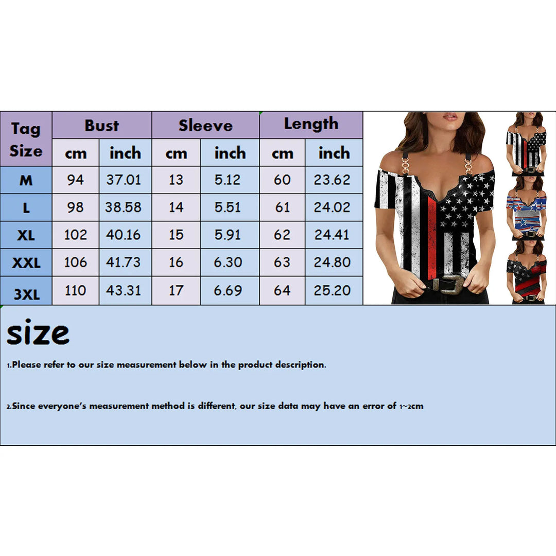 Trendy Shirt For Women Chain Strap Off Shoulder Blouse Ladies Independence Day Print Short Sleeve Streetwear Tops 2022 Summer