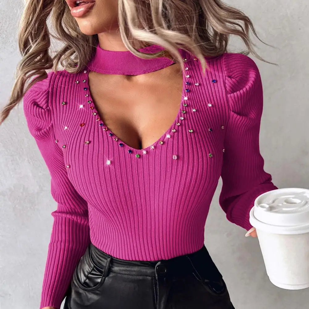 Hollow Out Knit Sweater Women Slim Fit Top Stylish Women's Rhinestone Studded Knitwear V-neck Tops Hollow Out Sweater Slim Fit