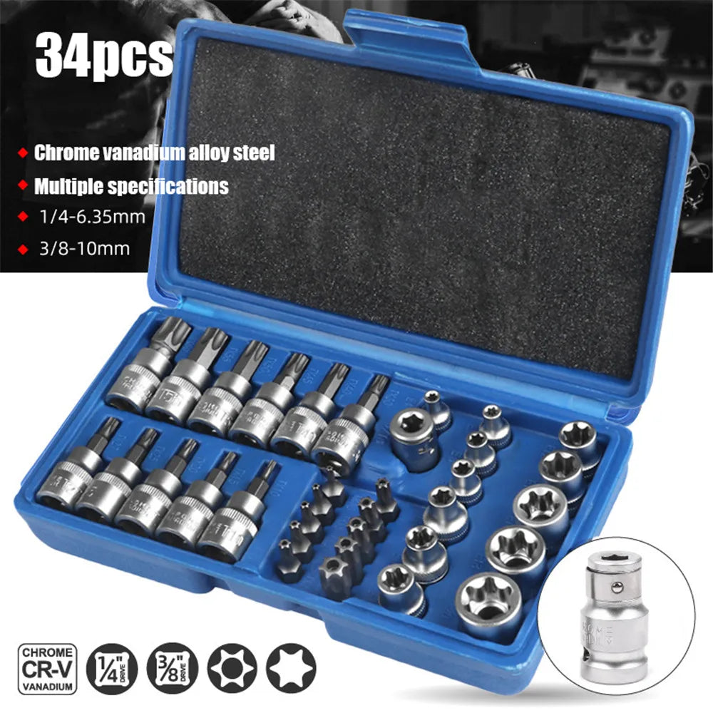 2023 New 34Pcs Torx Star Sockets & Bit Set Male / Female E-Security Bits Drive Handheld Tool Torque Star Socket