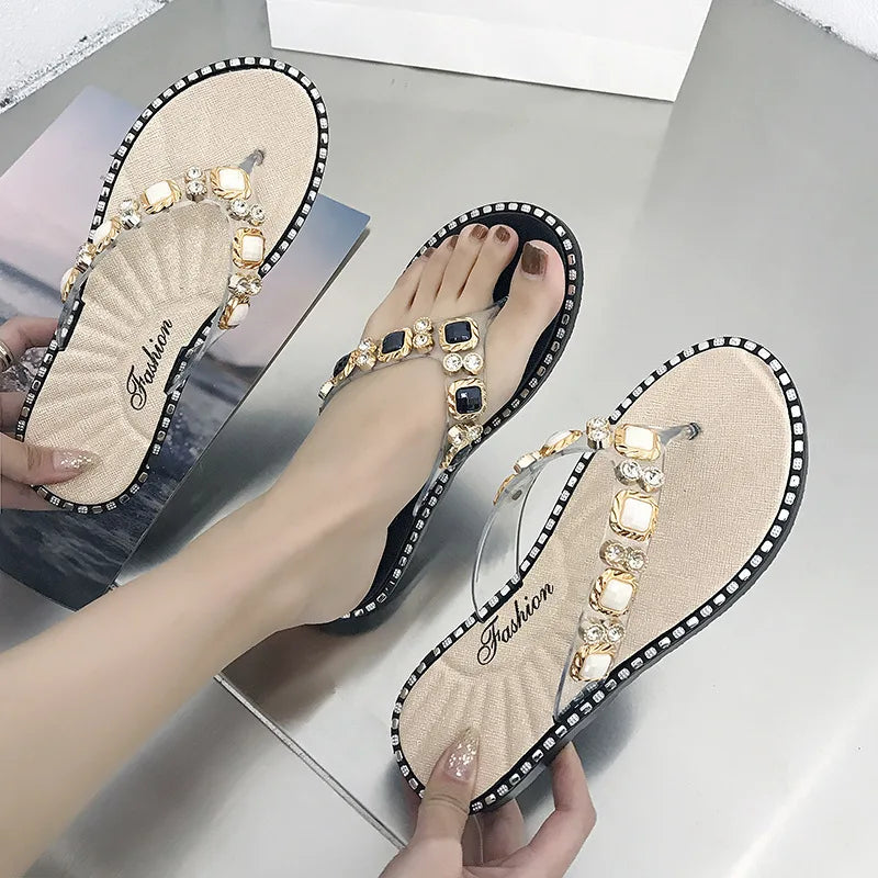 Shoes for Women Summer 2023 Thong Flat Flip Flops Rhinestone Fashion Comfort Opened Toe Luxury Sandalias Women Sandales Plates