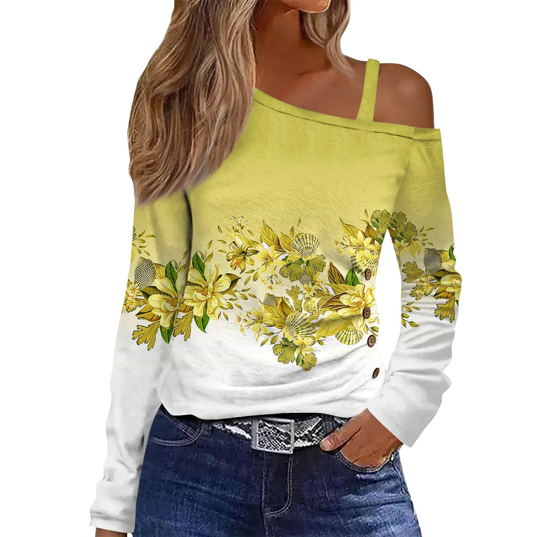 Elegant Skew Collar Chain Hollow Pullover Tops Female Floral Print Off Shoulder Tops Blouse Long Sleeve Commute Regular Fit Top