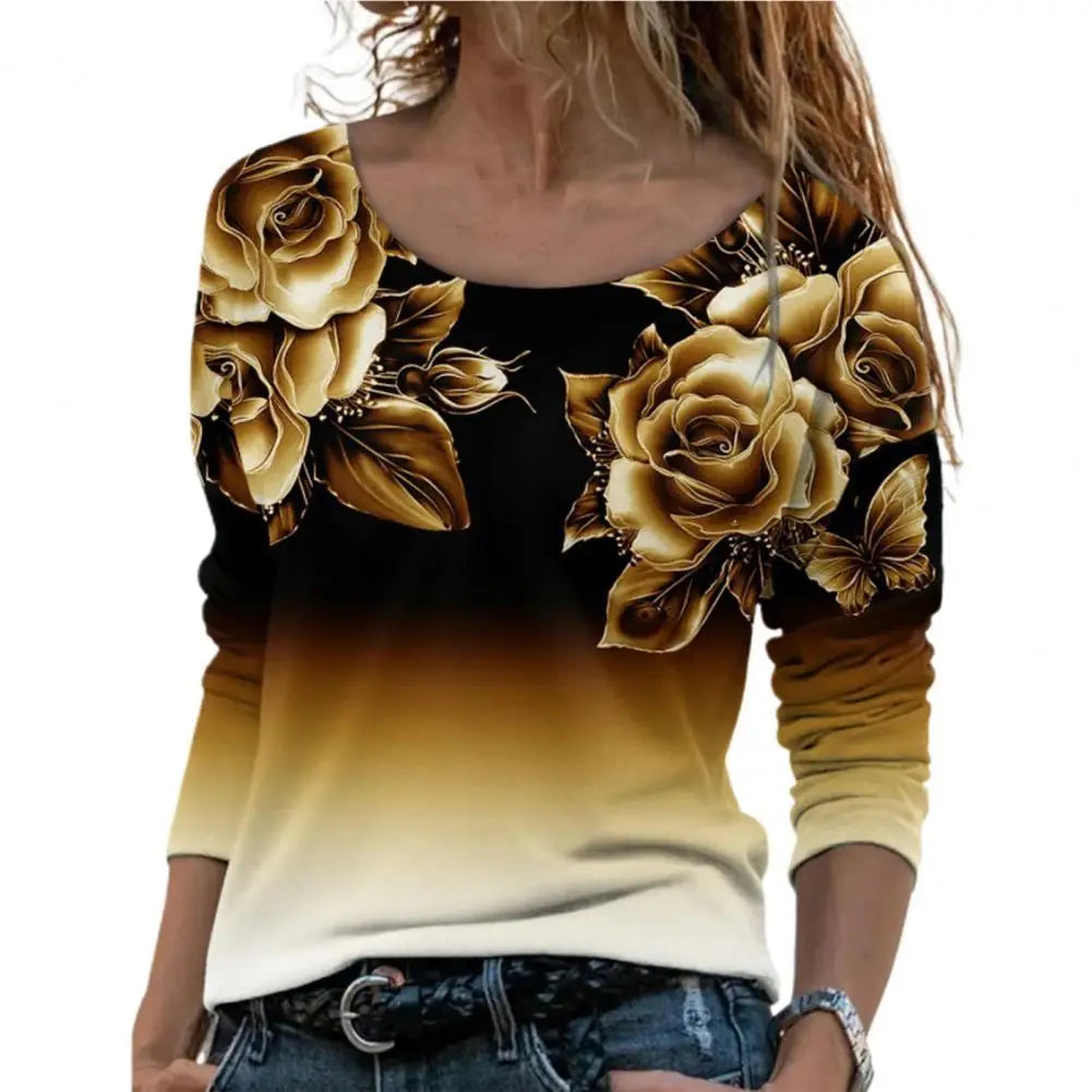 Women Spring Blouses Rose Flower Oversized T-shirt Top Colorfast Gradient Color Crew Neck Floral Print Blouses футболка женский