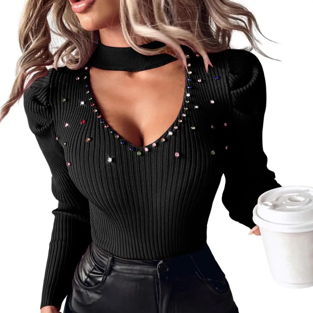 Women Slim Fit Top Stylish Women's Rhinestone Studded Knitwear Collection V-neck Tops Hollow Out Sweaters Slim Fit for Office