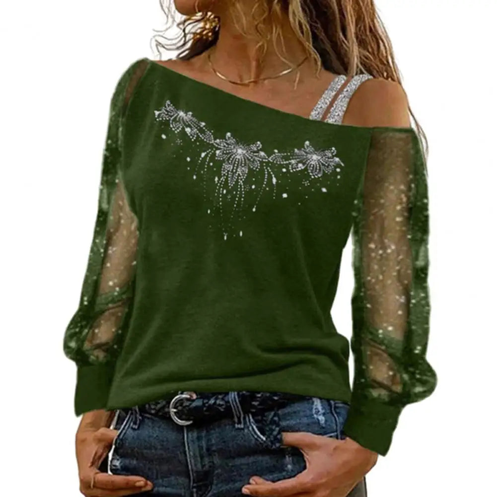 Women Top Stunning Sequin Rhinestone Blouse Sheer Mesh Patchwork Diagonal Collar Women's Top for Fall Spring Spring