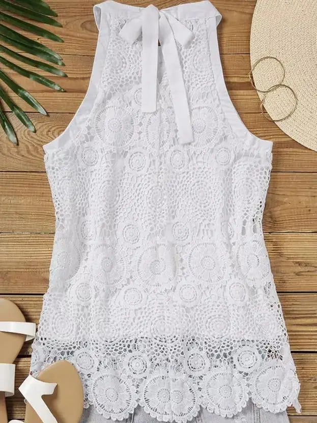 Women's Tops Summer 2023 Stitching Lace Up Details Halter Neck Sleeveless Lace Tops Daily Commuting Casual Tops Versatile