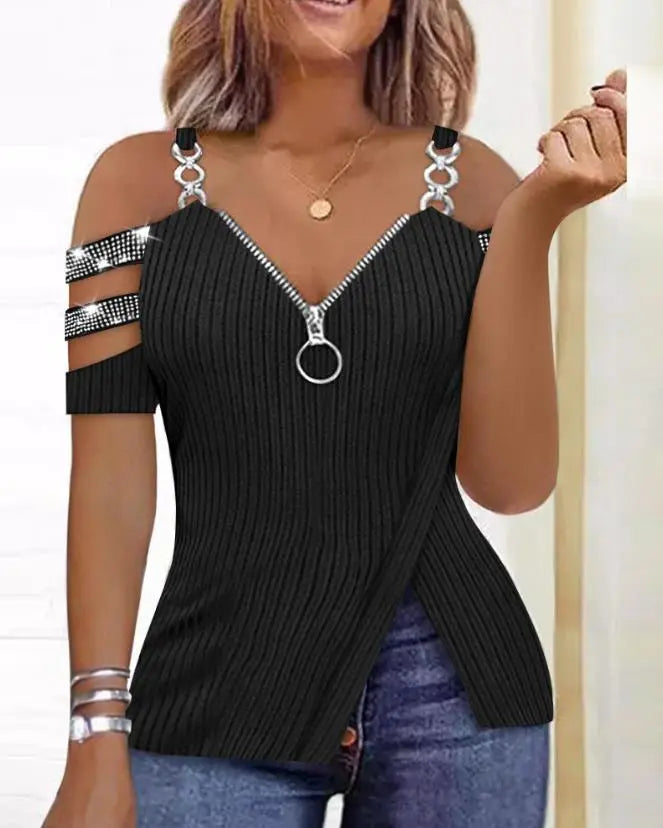 Fashion Y2K Women's Top 2023 Summer Casual Rhinestone Decoration Zipper Details Split Bottom Cold Shoulder Basic Slim T-Shirt