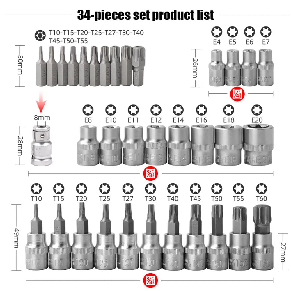 2023 New 34Pcs Torx Star Sockets & Bit Set Male / Female E-Security Bits Drive Handheld Tool Torque Star Socket