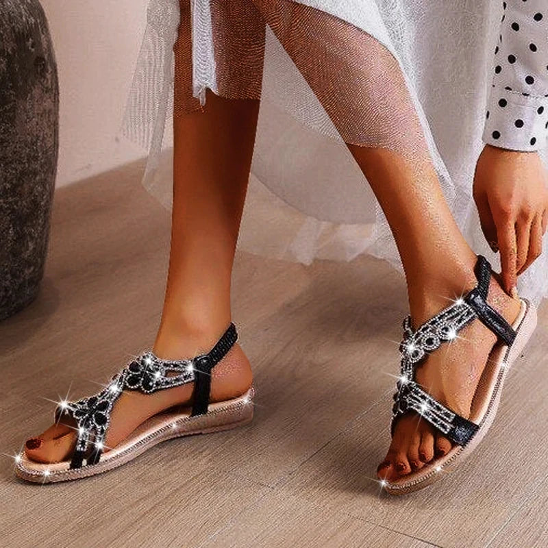 Woman Sandals Rhinestone Open Toe Fashion Female Shoes Solid Color Summer Open Toe Beach Sandalias Non-Slip Chaussure Femme