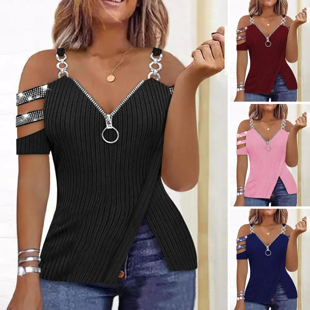 Fashion Y2K Women's Top 2023 Summer Casual Rhinestone Decoration Zipper Details Split Bottom Cold Shoulder Basic Women's T-Shirt