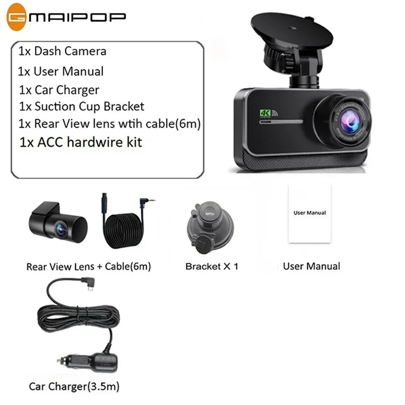 4K WiFi Dual Dash Cam Real 4K Optional rear/ cabin cam Installation 3"IPS NightVision 24H Parking Mode Dashboard Camera Recorder