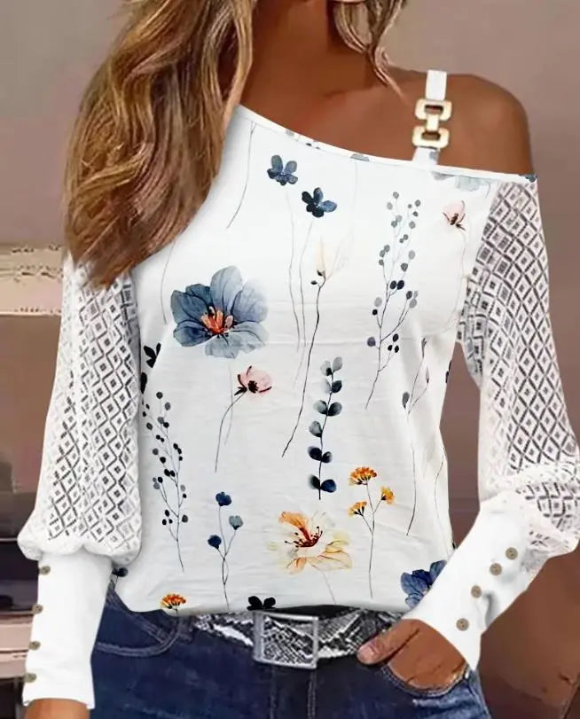 Fashion Woman Blouse 2023 Floral Print Lace Patch Chain Lantern Sleeve Casual Cold Shoulder Long Sleeve Top Graphic T Shirts