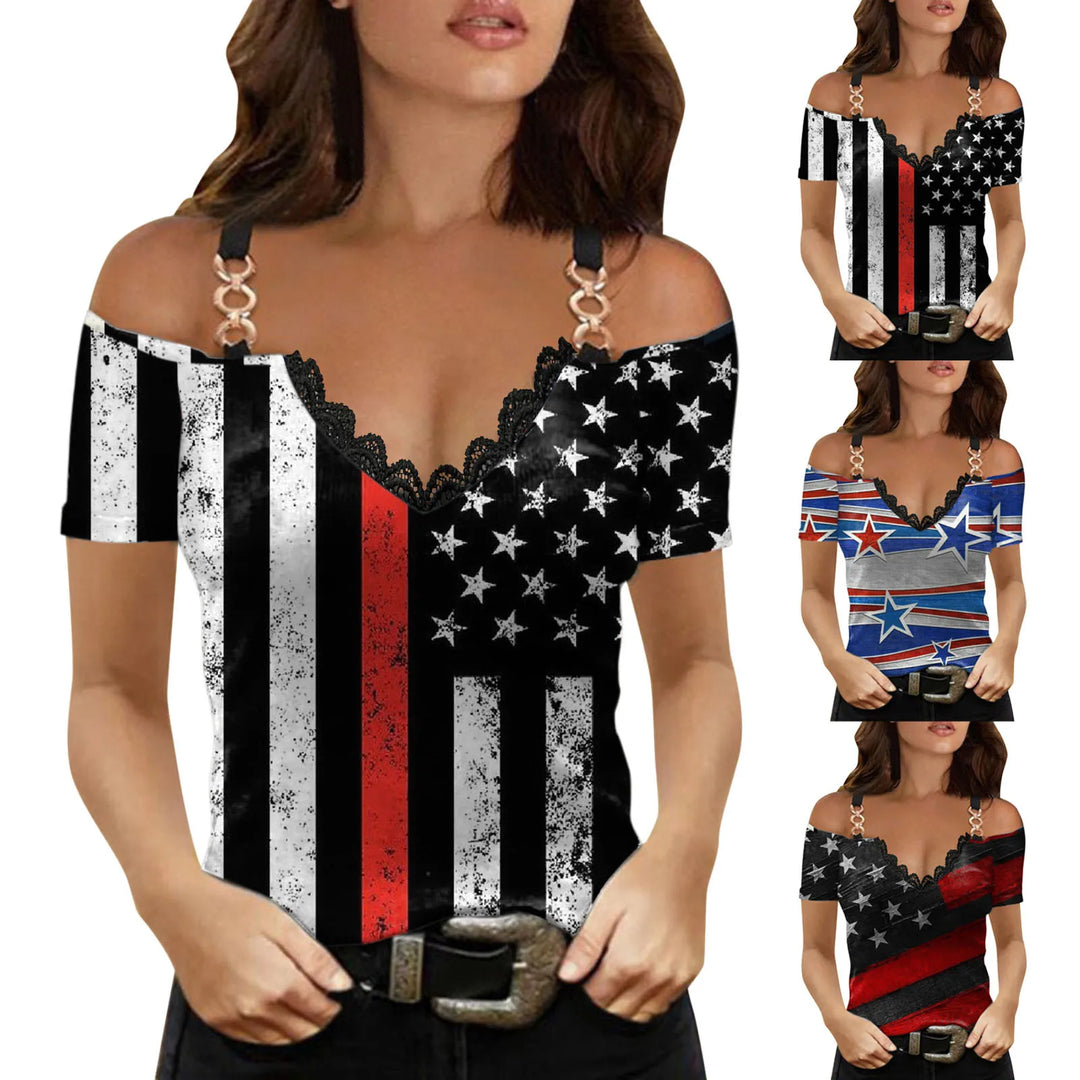 Trendy Shirt For Women Chain Strap Off Shoulder Blouse Ladies Independence Day Print Short Sleeve Streetwear Tops 2022 Summer