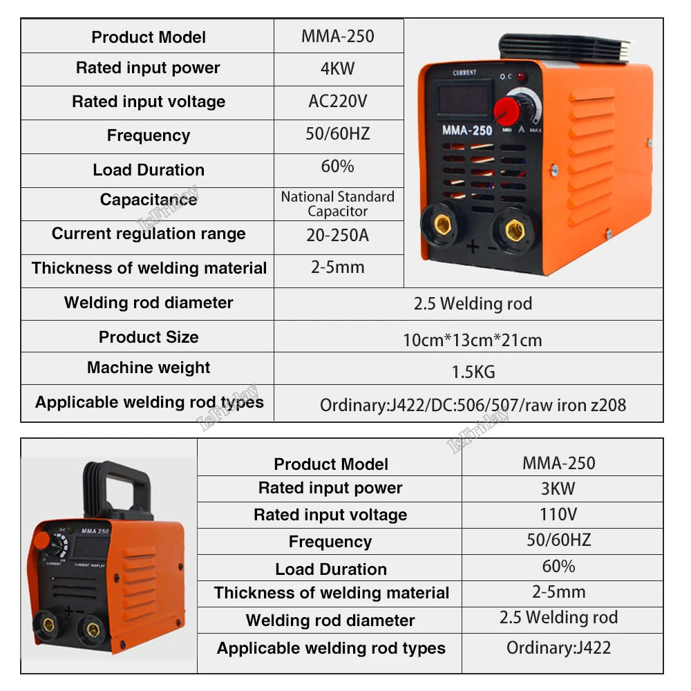 MMA250 Mini Welding Machine Inverter Electric Welding Machine 110v 220v Adjustable Current 20-250A Handheld Arc Welder Equipment