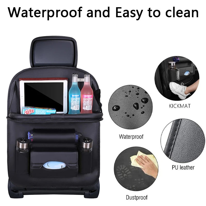 Car Seat Back Organizer Pu Leather Pad Bag Car Storage Organizer Foldable Table Tray Travel Storage Bag Auto Accessories