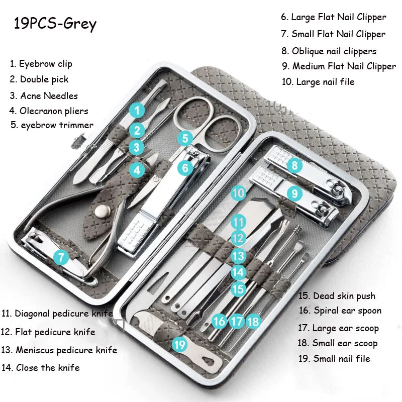 8/9/11/12/16/19pcs Nail Clipper Kits Stainless Steel Manicure Pedicure Tools Nail Scissors Ear Spoon Nail Care