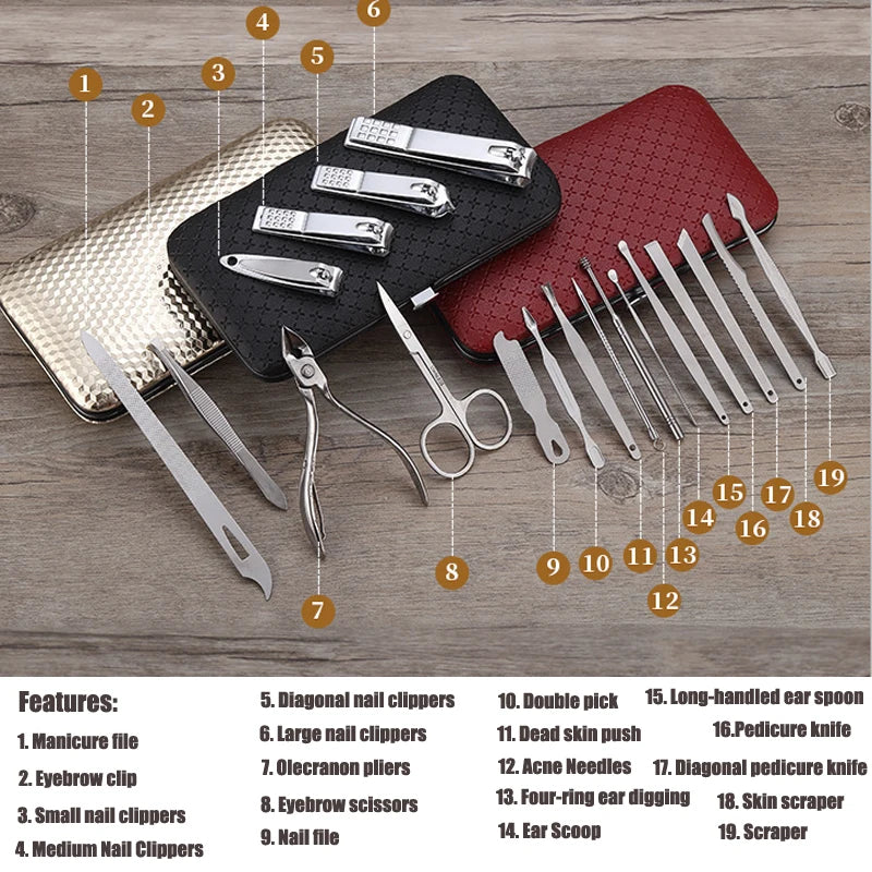 7-19PCS Stainless Steel Nail Clipper Beauty Tool Finger Toenails Nippers Cutters Dead Skin Dirt Remover Pedicure Manicure Kit