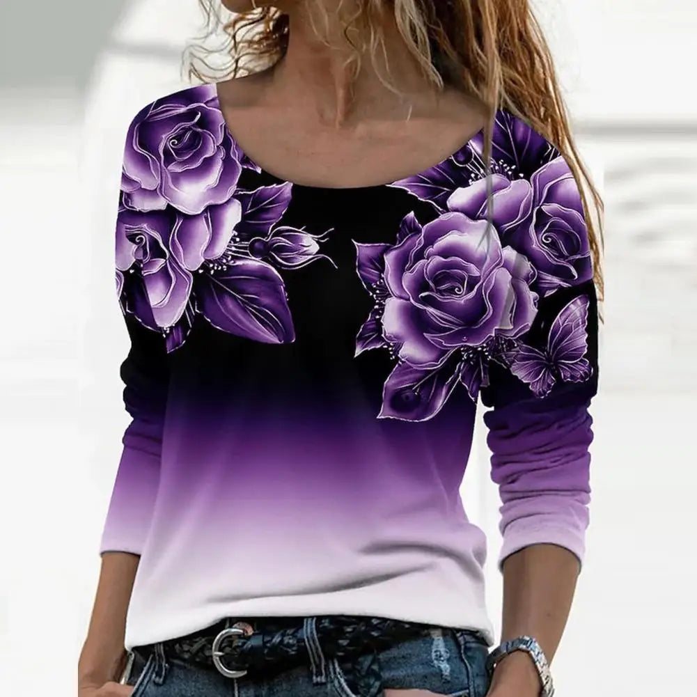 Women Spring Blouses Rose Flower Oversized T-shirt Top Colorfast Gradient Color Crew Neck Floral Print Blouses футболка женский