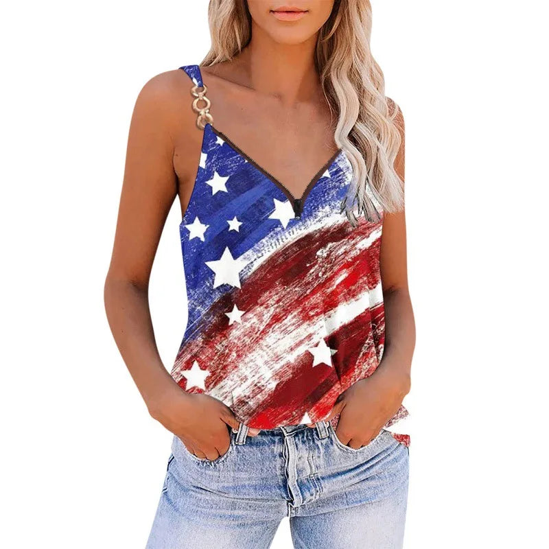 Summer American Flag Tanks Sleeveless Chain Blouse Vintage Top Y2k Womans Streetwear Star Striped Print Vest Off Shoulder Tshirt