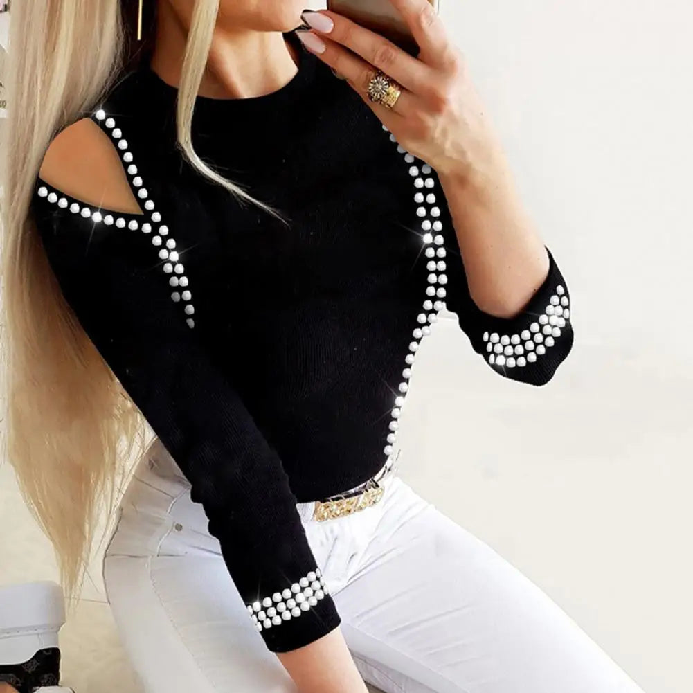 Spring Autumn Top Rhinestone Sheer Mesh Top Stylish Women's Rhinestone Embellished O-neck Tops Office Lady Blouse for Autumn