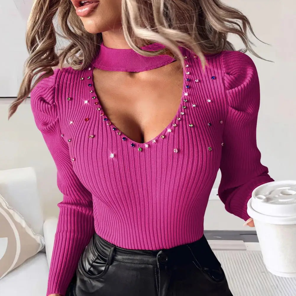 Women Slim Fit Top Stylish Women's Rhinestone Studded Knitwear Collection V-neck Tops Hollow Out Sweaters Slim Fit for Office