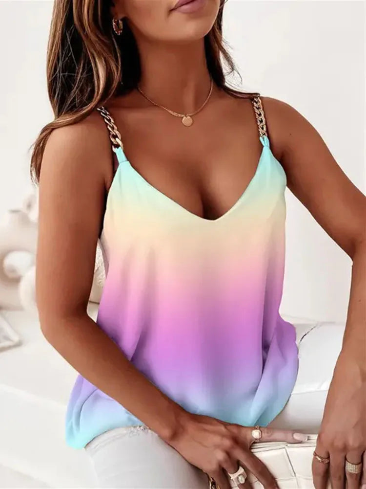 New 2023 Women's Summer Blouses Top Vest Sleeveless V-Neck Chain Print Pullover Blusa Sling Clothing Female Shirts And Blouses