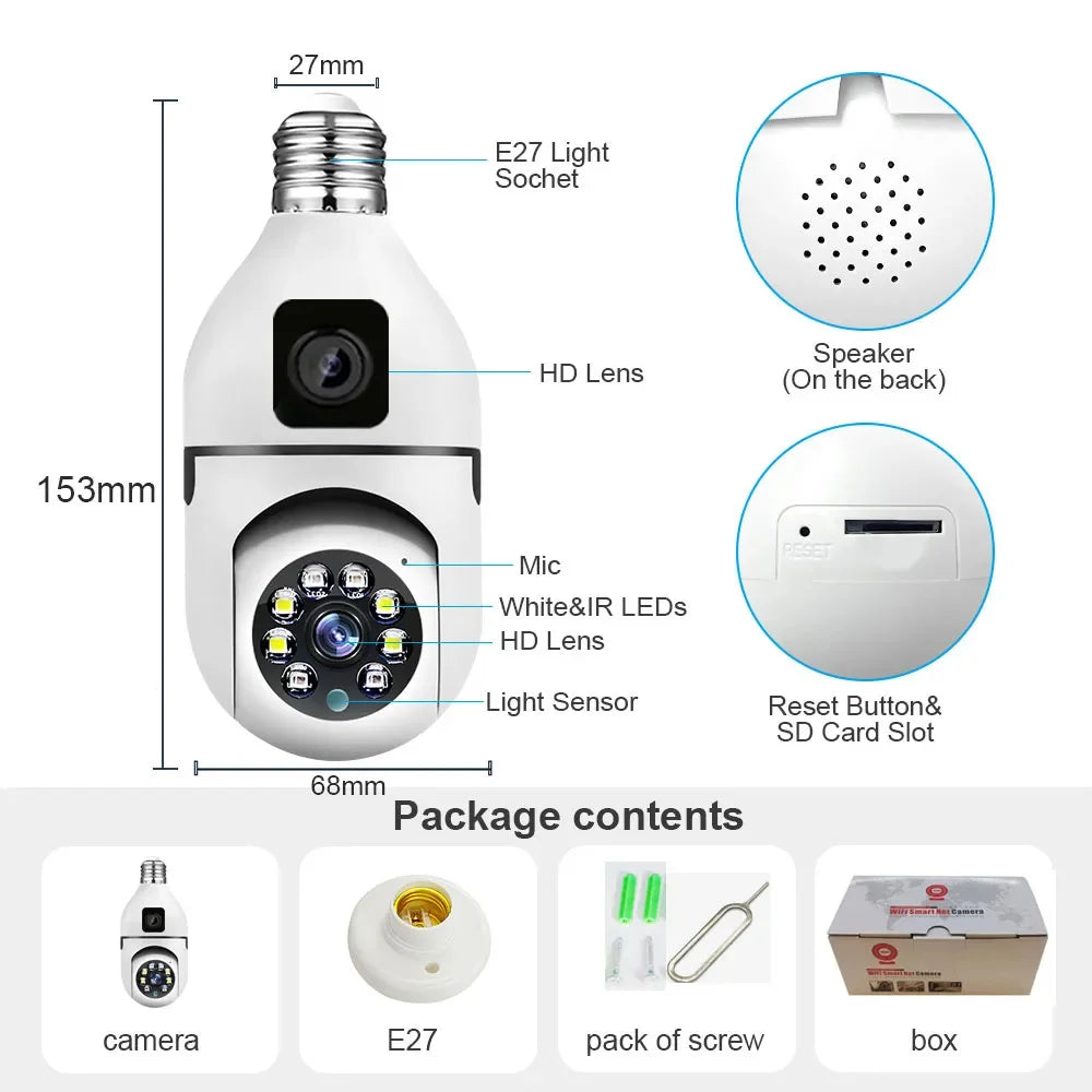 Saikiot V380 4MP 8MP 4K E27 360 Bulb WIFI Dual Lens Camera Bulb Color Night Vision CCTV Security IP Indoor Dual Lens Bulb Camera