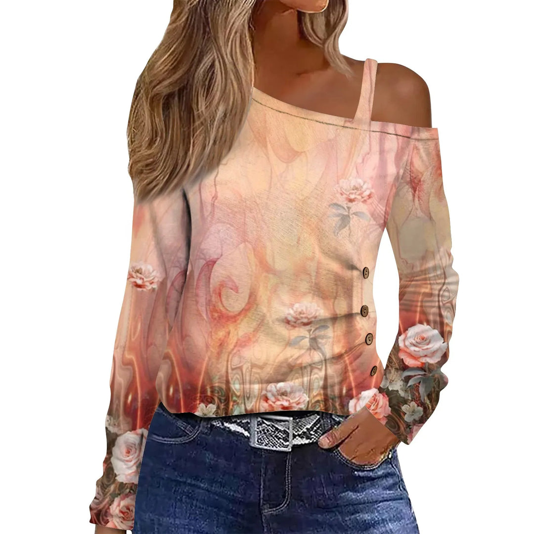 Elegant Skew Collar Chain Hollow Pullover Tops Female Floral Print Off Shoulder Tops Blouse Long Sleeve Commute Regular Fit Top