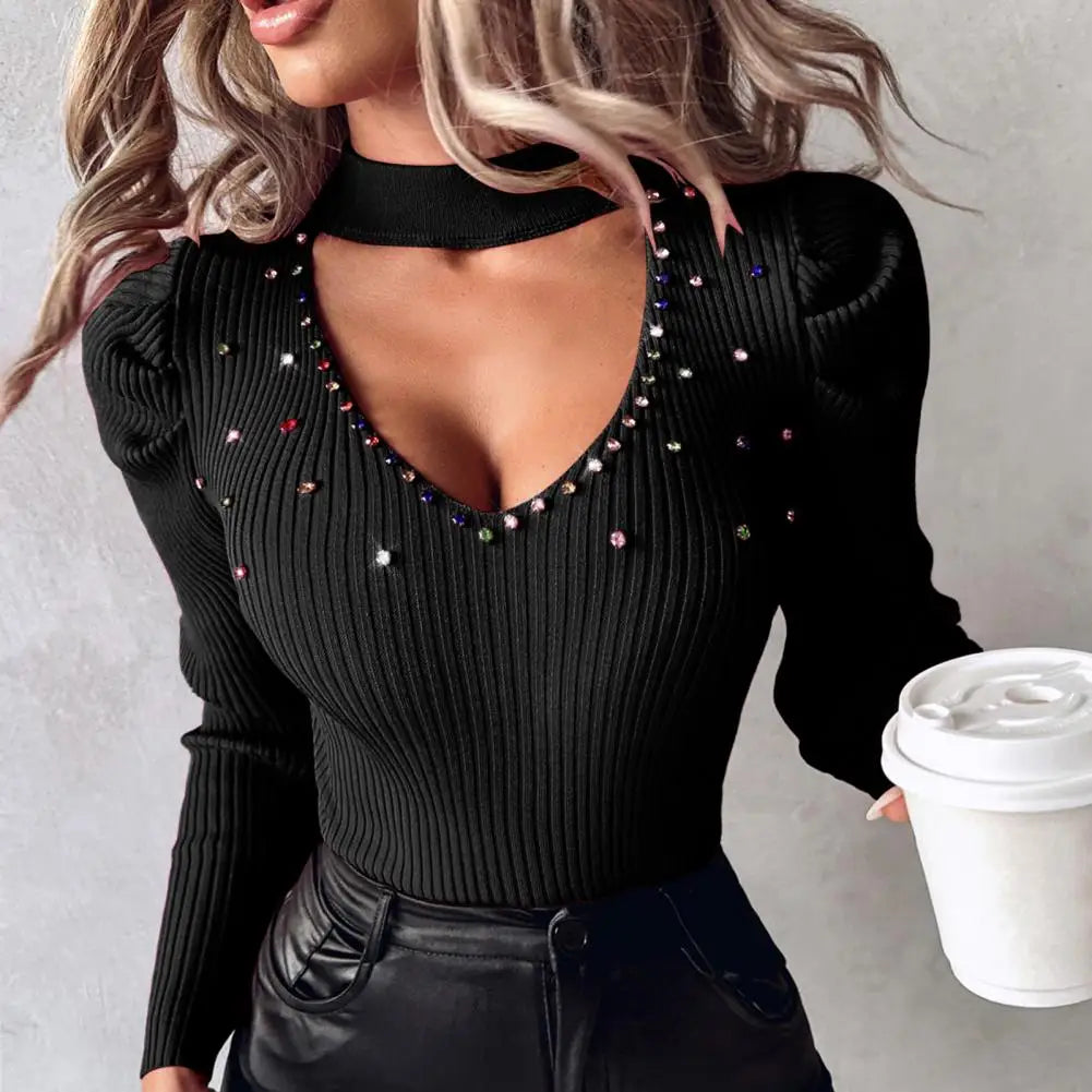 Hollow Out Knit Sweater Women Slim Fit Top Stylish Women's Rhinestone Studded Knitwear V-neck Tops Hollow Out Sweater Slim Fit