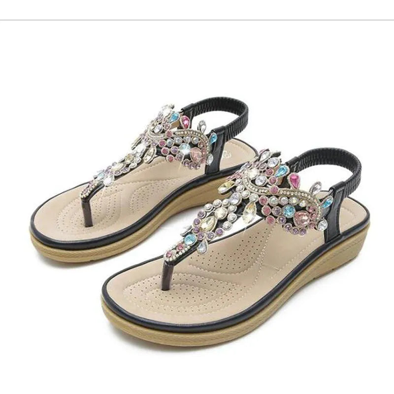 Summer New Round Toe Women's Flip Flops Fashion Personality Rhinestone Ladies Sandals Roman Crystal Platform Elastic Band Casual