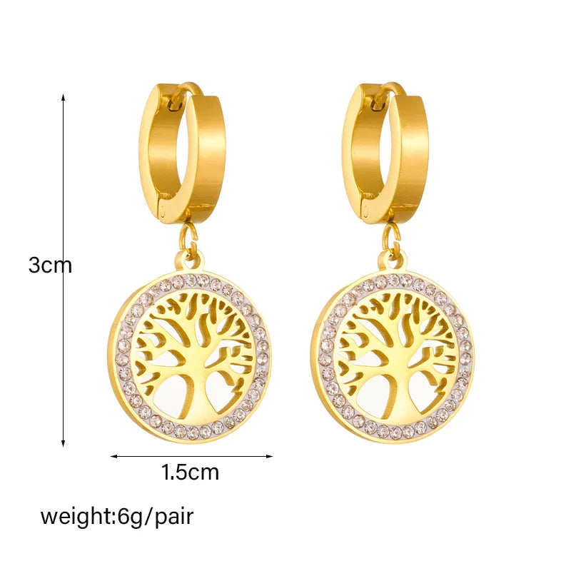 316L Stainless Steel Gold Plated Temperament Multi Elegant Tree of Life Rhinestone Hoop Earrings For Women Girls Gift Not Fade