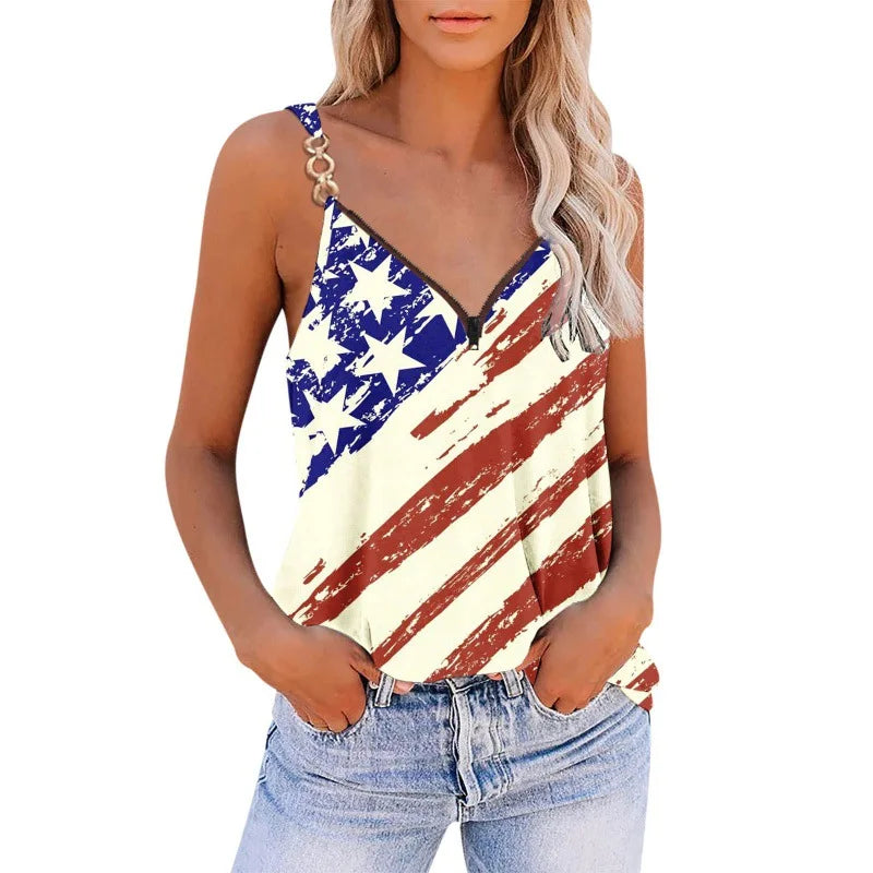 Summer American Flag Tanks Sleeveless Chain Blouse Vintage Top Y2k Womans Streetwear Star Striped Print Vest Off Shoulder Tshirt