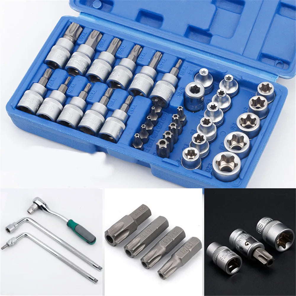 2023 New 34Pcs Torx Star Sockets & Bit Set Male / Female E-Security Bits Drive Handheld Tool Torque Star Socket