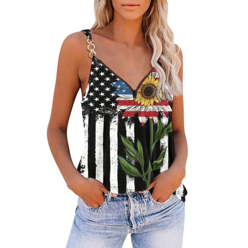 Summer American Flag Tanks Sleeveless Chain Blouse Vintage Top Y2k Womans Streetwear Star Striped Print Vest Off Shoulder Tshirt