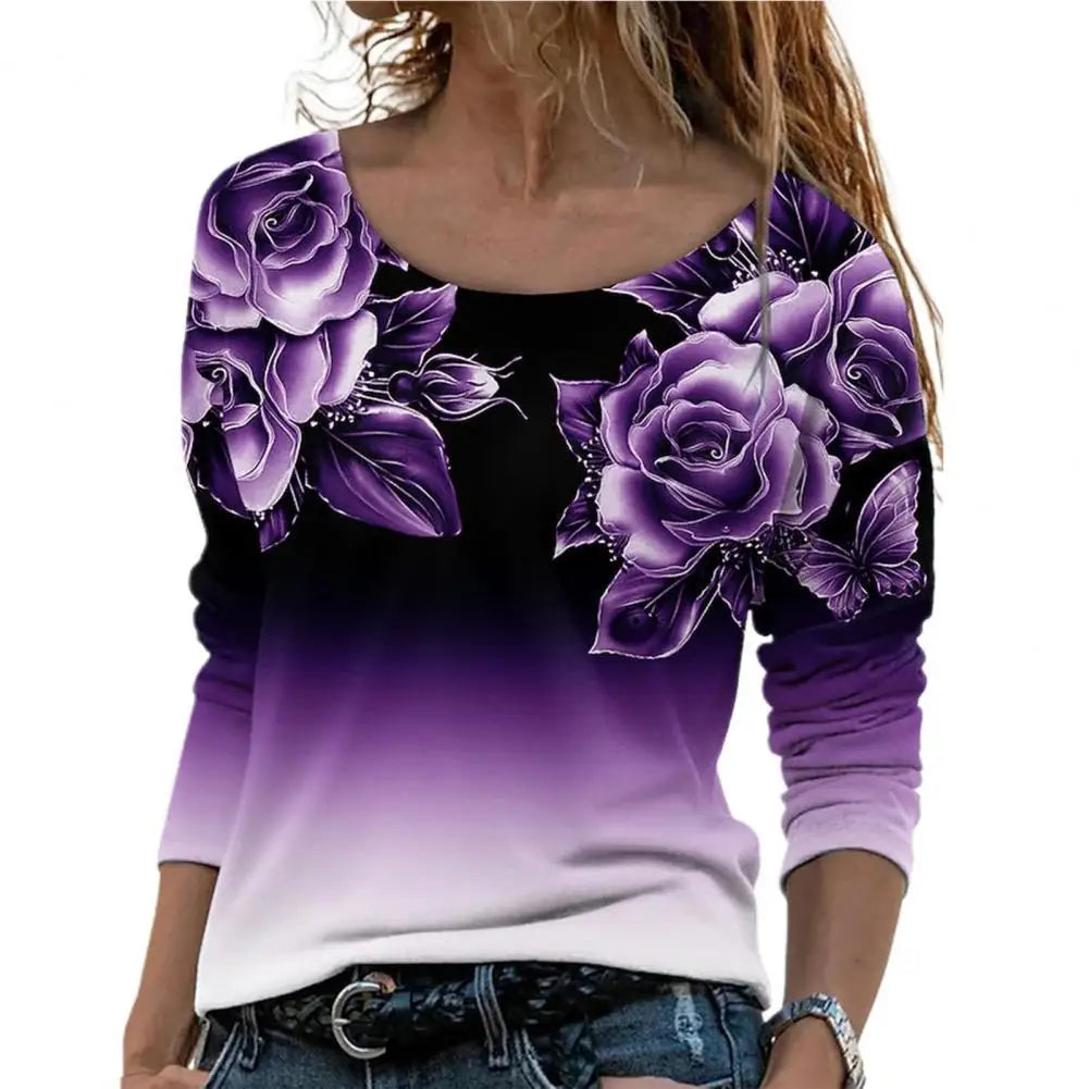 Women Spring Blouses Rose Flower Oversized T-shirt Top Colorfast Gradient Color Crew Neck Floral Print Blouses футболка женский