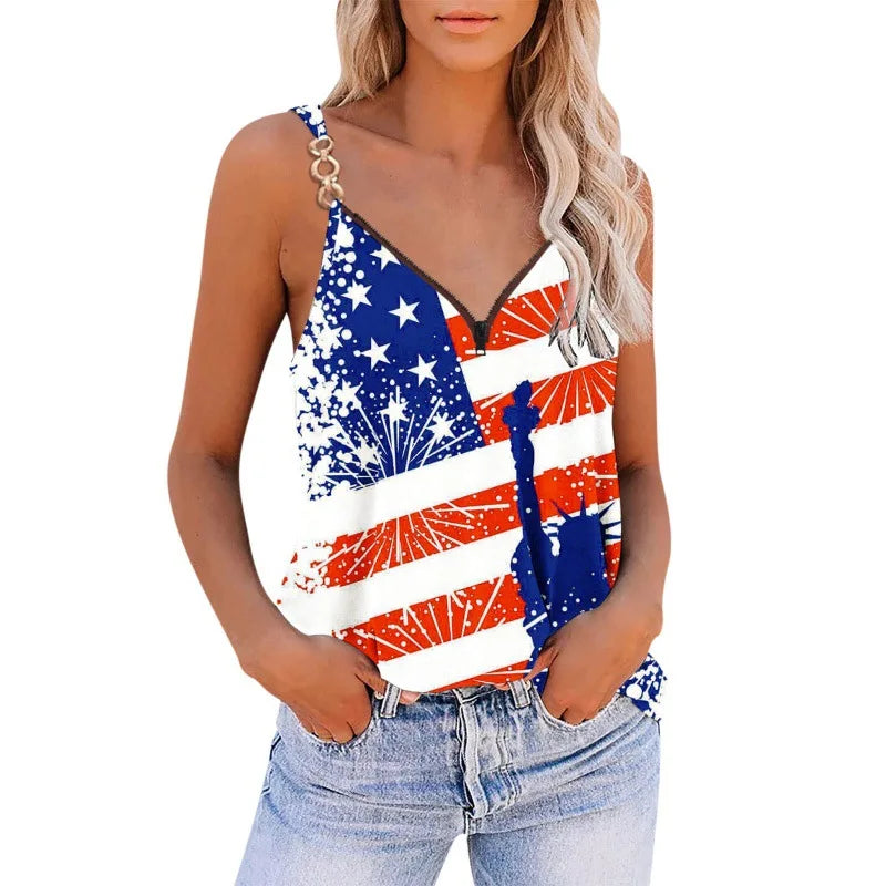 Summer American Flag Tanks Sleeveless Chain Blouse Vintage Top Y2k Womans Streetwear Star Striped Print Vest Off Shoulder Tshirt