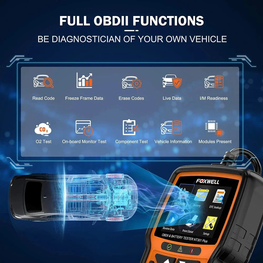 FOXWELL NT301 Plus Car OBD2 Scanner Tool 12V Battery Tester OBDII EOBD Live Data Code Reader Car Diagnostic Scan Tool