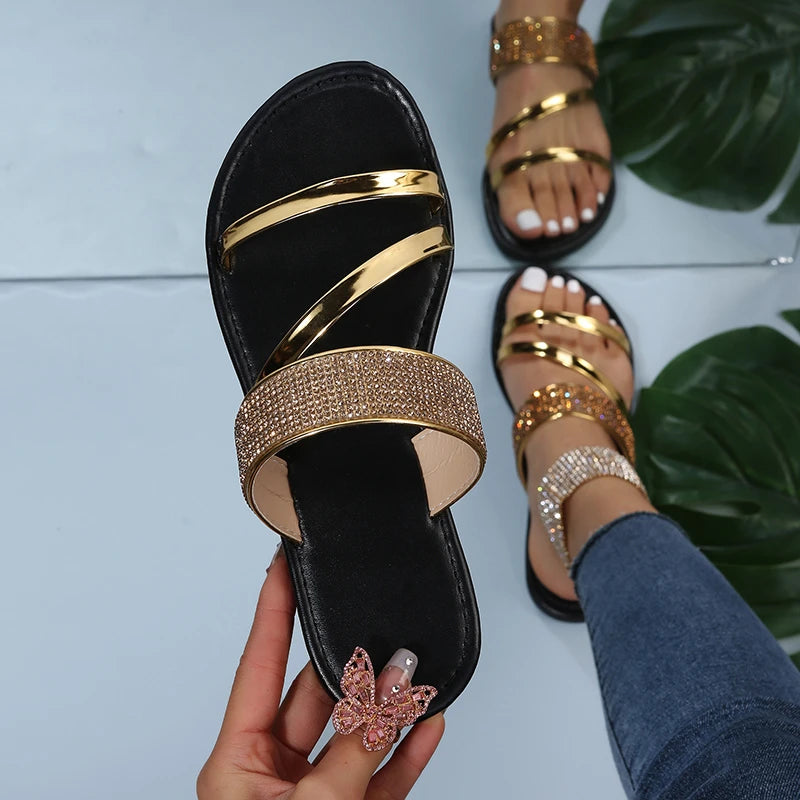 Women's Slippers Summer Sandals for Women Flat Sandal Sparkle Rhinestone Slide Trendy Women's Beach Sparkly Dressy Slip on Bling