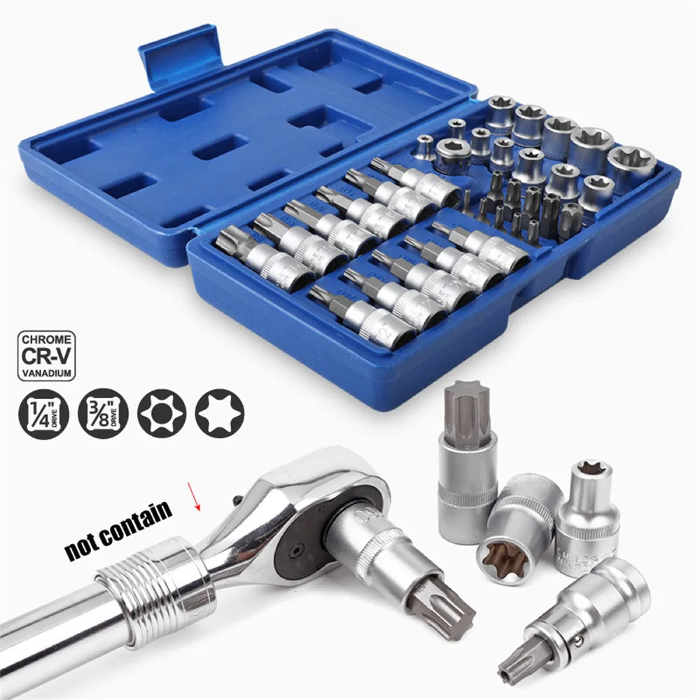 2023 New 34Pcs Torx Star Sockets & Bit Set Male / Female E-Security Bits Drive Handheld Tool Torque Star Socket