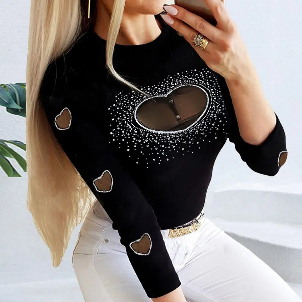 Spring Autumn Top Stylish Women's Rhinestone Embellished O-neck Tops Office Lady Blouse Sheer Mesh Patch Top Casual for Autumn