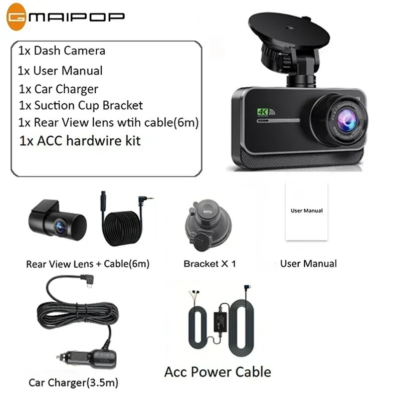 4K WiFi Dual Dash Cam Real 4K Optional rear/ cabin cam Installation 3"IPS NightVision 24H Parking Mode Dashboard Camera Recorder