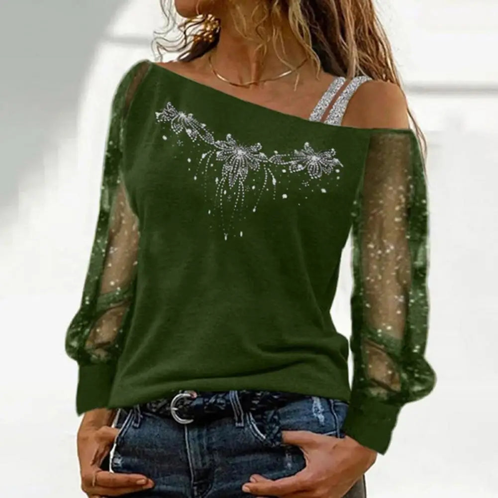 Women Top Stunning Sequin Rhinestone Blouse Sheer Mesh Patchwork Diagonal Collar Women's Top for Fall Spring Spring