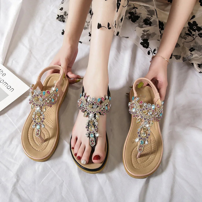 Summer New Round Toe Women's Flip Flops Fashion Personality Rhinestone Ladies Sandals Roman Crystal Platform Elastic Band Casual