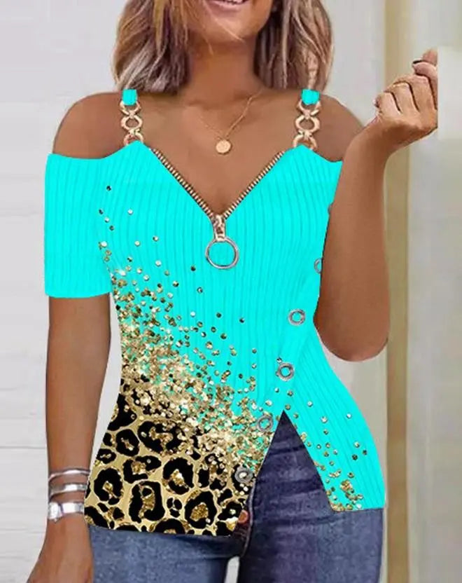 Fashion Y2K Women's Top 2023 Summer Casual Rhinestone Decoration Zipper Details Split Bottom Cold Shoulder Basic Slim T-Shirt