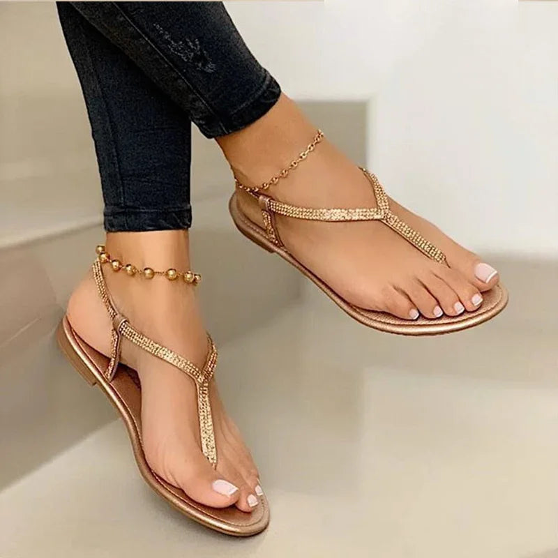 Ladies Sandals 2022 New Summer Rome Fashion Rhinestone Thong Flat Sandals Seaside Beach Casual Sandals Back Strap Plus Size 43